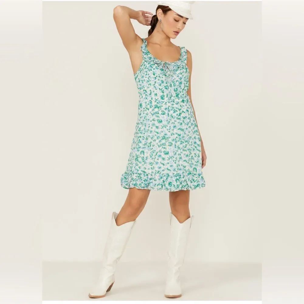 Molly Bracken Floral Print Ruffle Trim Sleeveless Mini Dress L